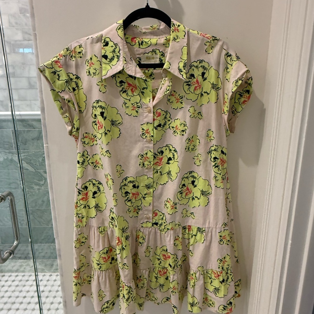 Anthropologie Maeve Neon Lime Floral Button-Down Shirt on Pale Pink